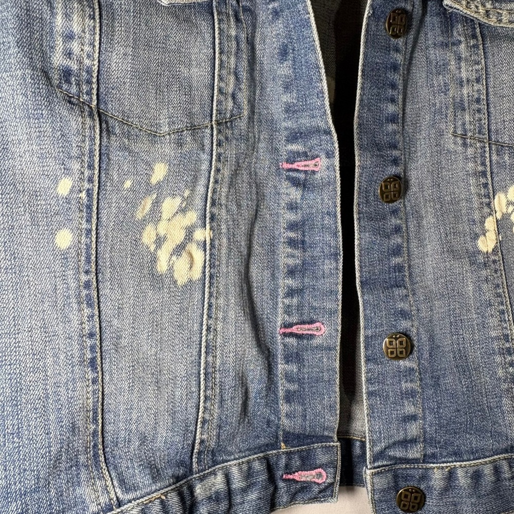 Vintage‎ Plugg Denim Jacket Womens Blue Distressed Bleach Floral Y2K Trucker - Picture 9 of 10